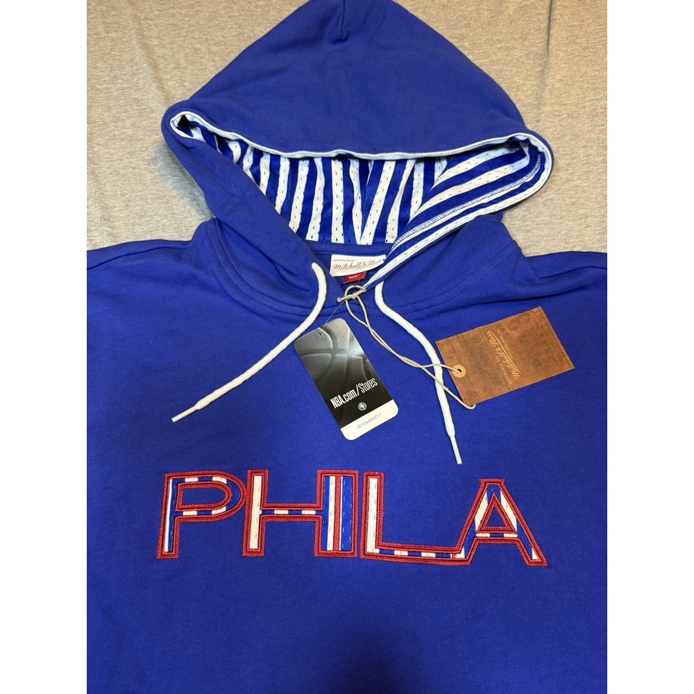 Mitchell & Ness PHILA 76ers Blue Hardwood Classics Short Sleeve Hoodie XL - Picture 5 of 14